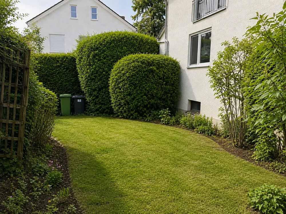 Derselbe Garten nach Rasenschnitt, Heckenschnitt und Beetpflege