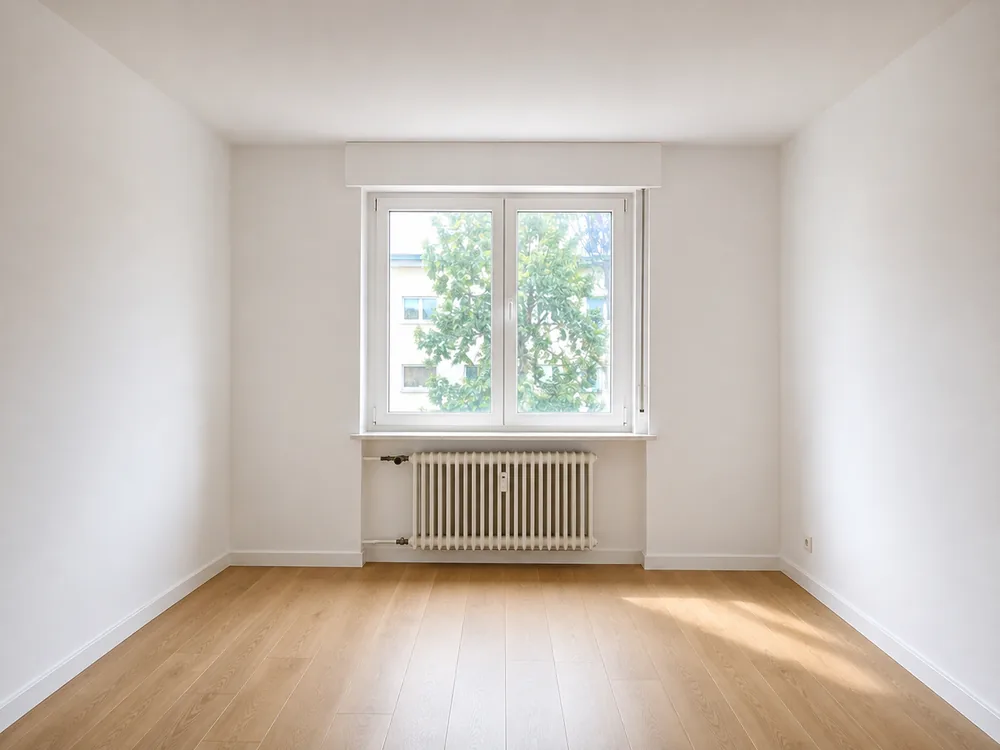 Derselbe Raum nach der Renovierung mit neuem Boden und frischer Wandfläche
