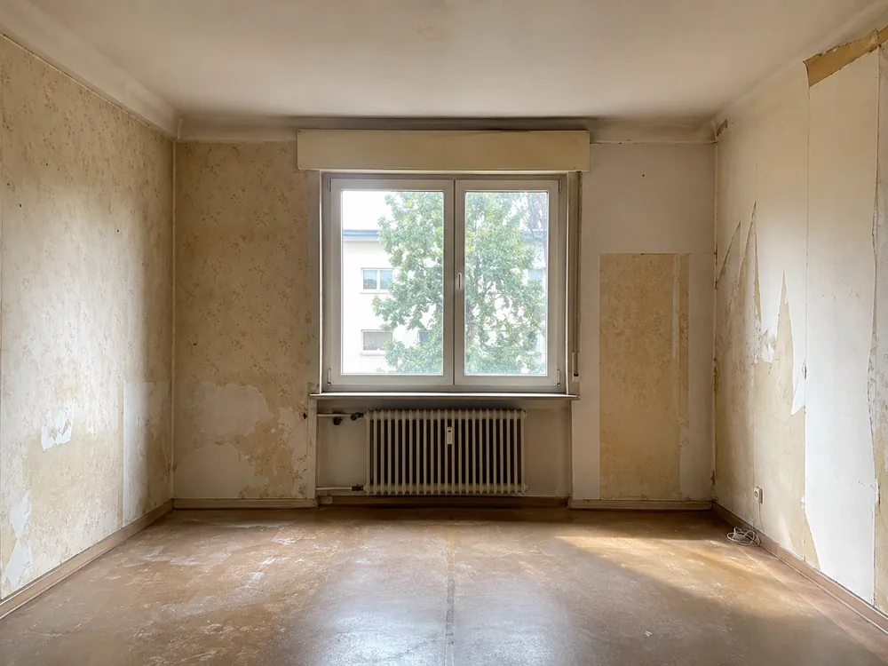 Wohnraum mit alten Tapeten und abgenutztem Boden