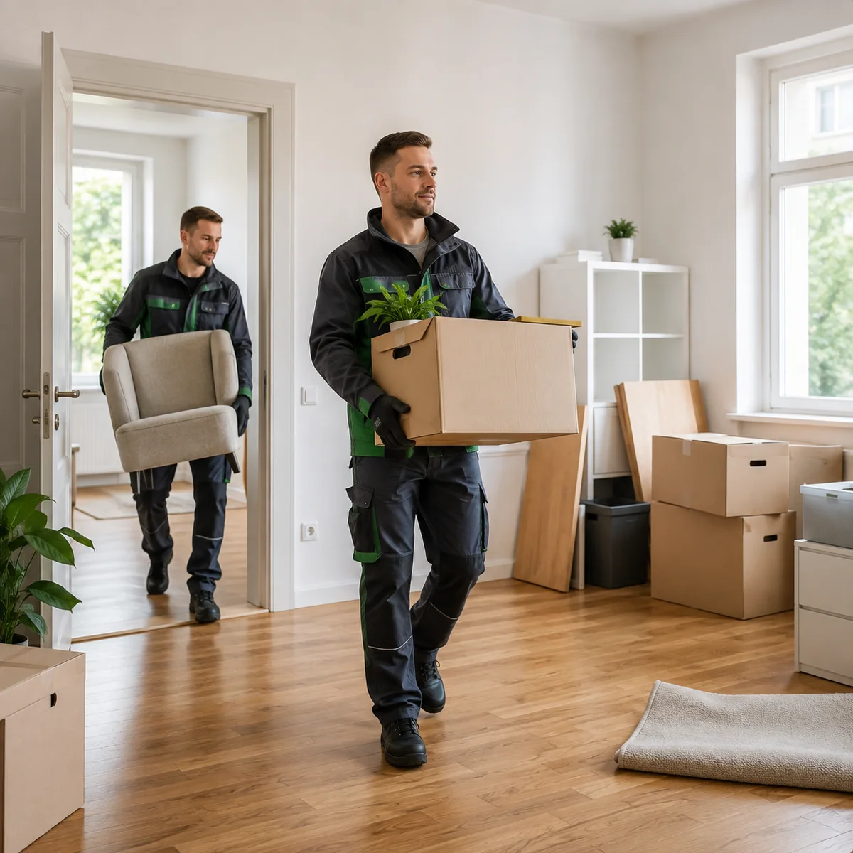 Zwei Mitarbeiter tragen Möbel und Kartons aus einer Wohnung