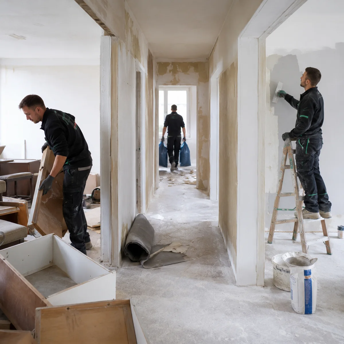 Mitarbeiter räumen einen Wohnraum aus, während parallel die Wände vorbereitet werden