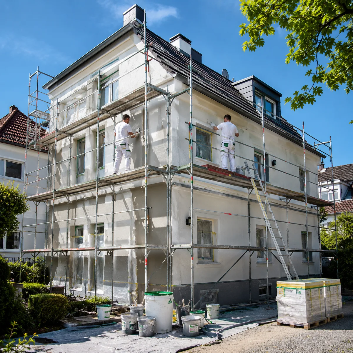 Maler arbeiten auf einem Gerüst an der Fassade eines Wohnhauses